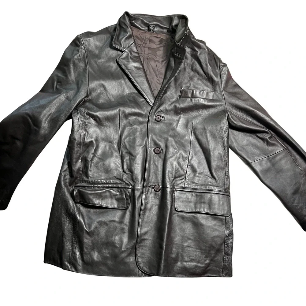 Mens Dark Brown 100% Leather Blazer Jacket 3 Button‎ Coat L Regular RN 96245